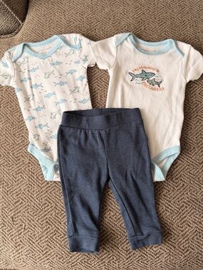 chick pea Baby Matching Shark Bodysuits & Navy Pants - White, Light Blue, Navy